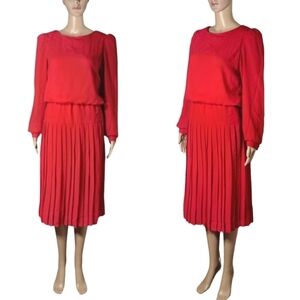 Vintage 1970s Cami Red Long Sleeves Drop-waist Pleated Midi Dress Womens Size 10